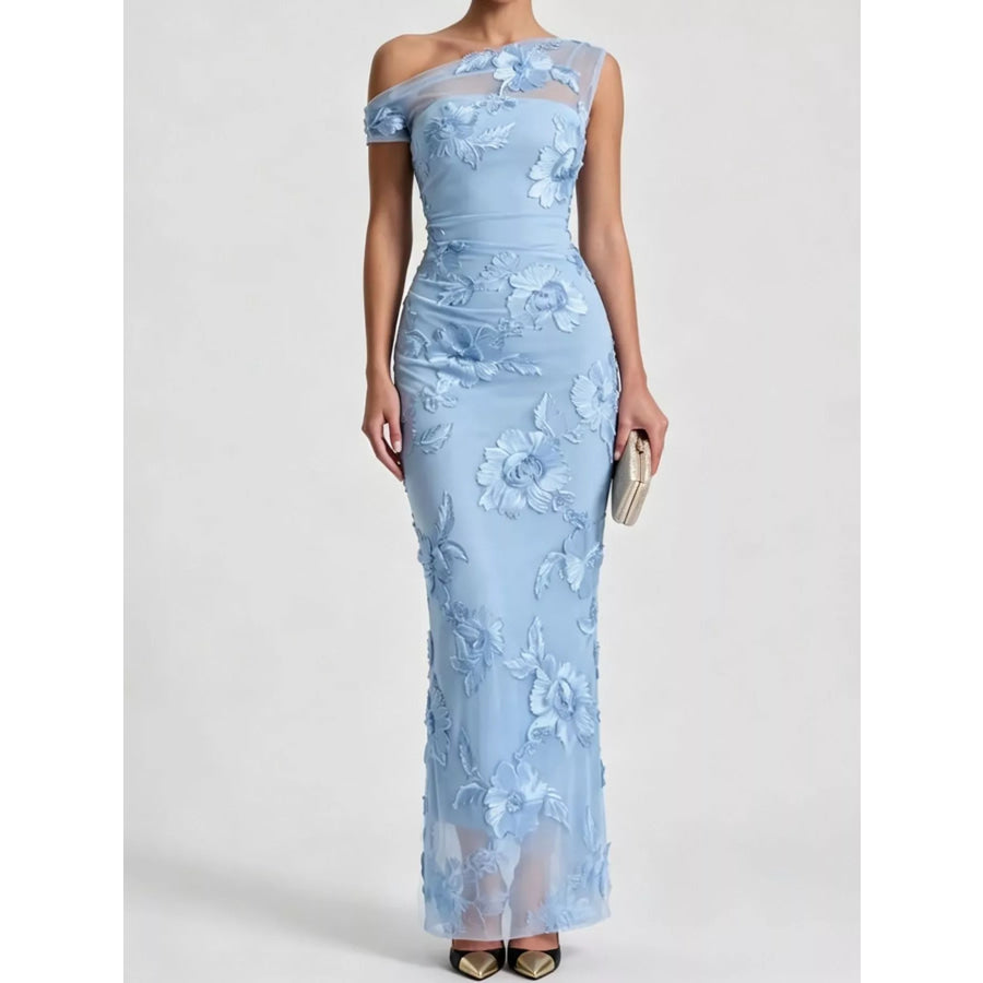One-Shoulder Floral Embroidered Maxi Dress Sky Blue / S Apparel and Accessories