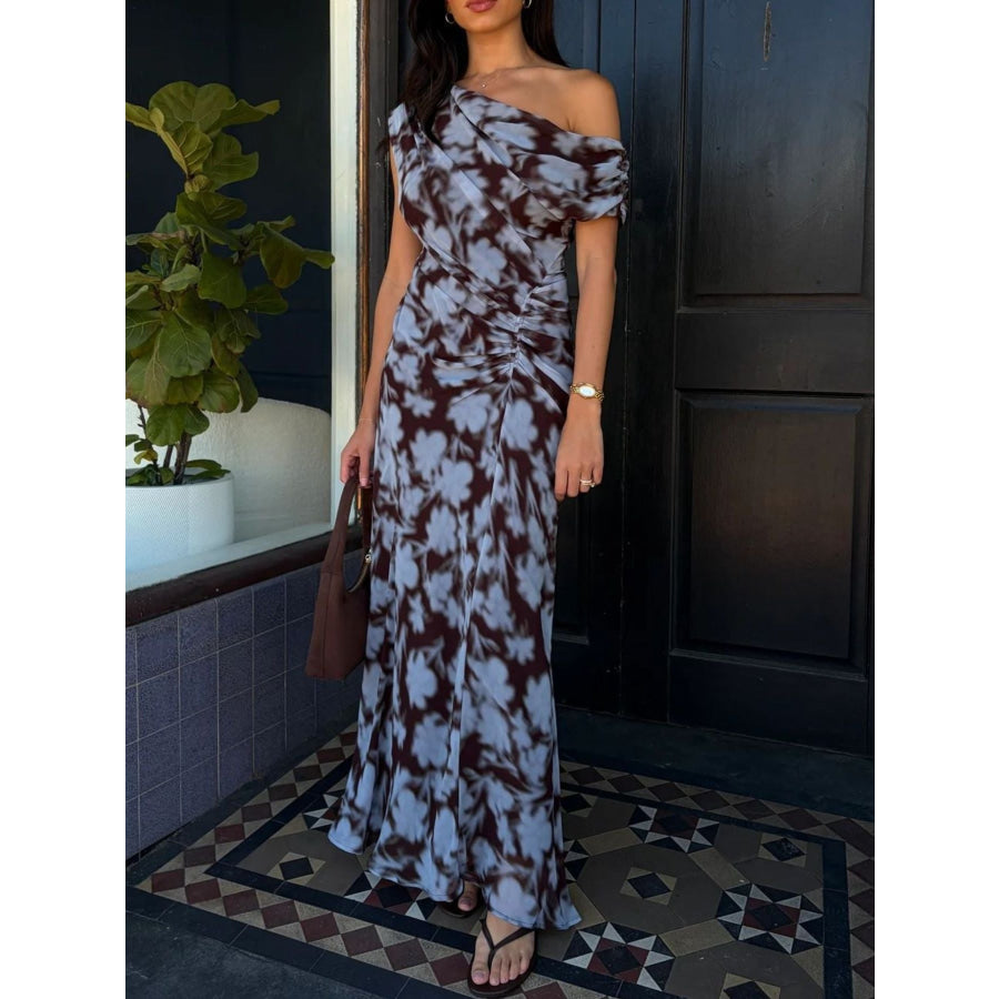 One-Shoulder Floral Print Maxi Dress Gray / S Apparel and Accessories