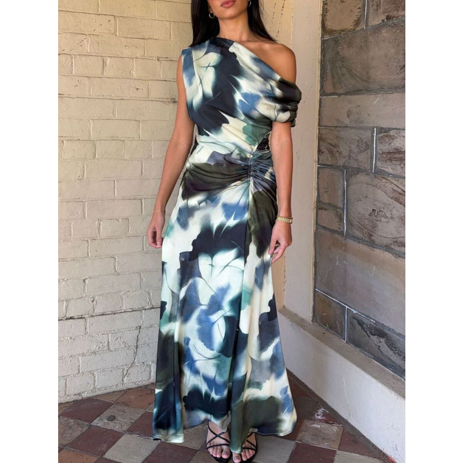 One-Shoulder Floral Print Maxi Dress Navy / S Apparel and Accessories