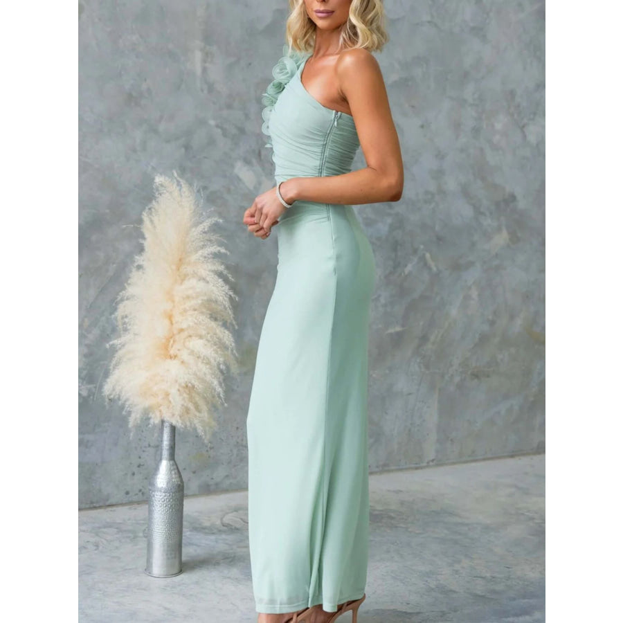 One-Shoulder Floral Trim Sleeveless Maxi Dress Apparel and Accessories