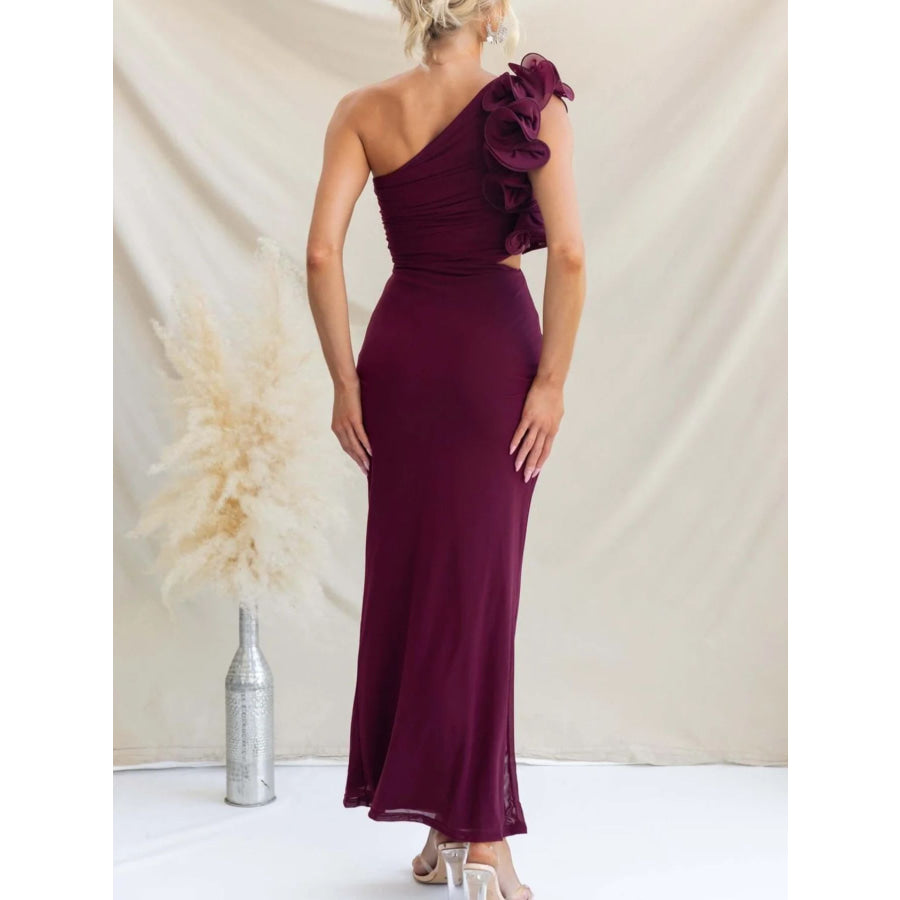 One-Shoulder Floral Trim Sleeveless Maxi Dress Apparel and Accessories