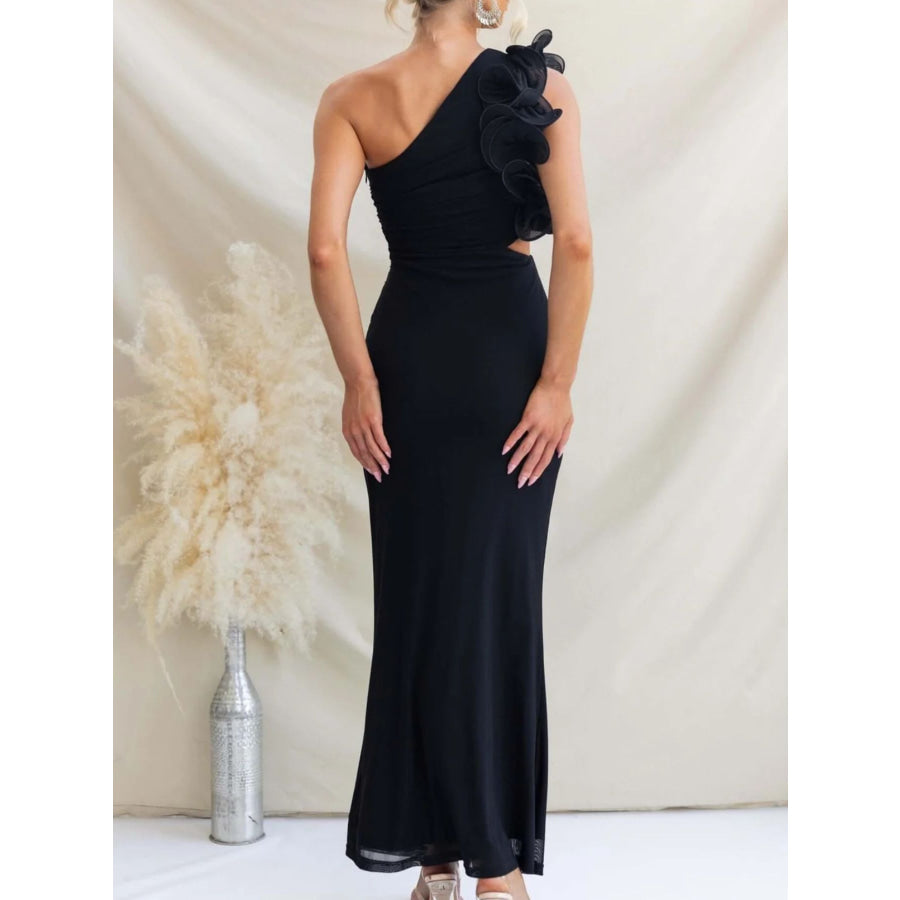 One-Shoulder Floral Trim Sleeveless Maxi Dress Apparel and Accessories