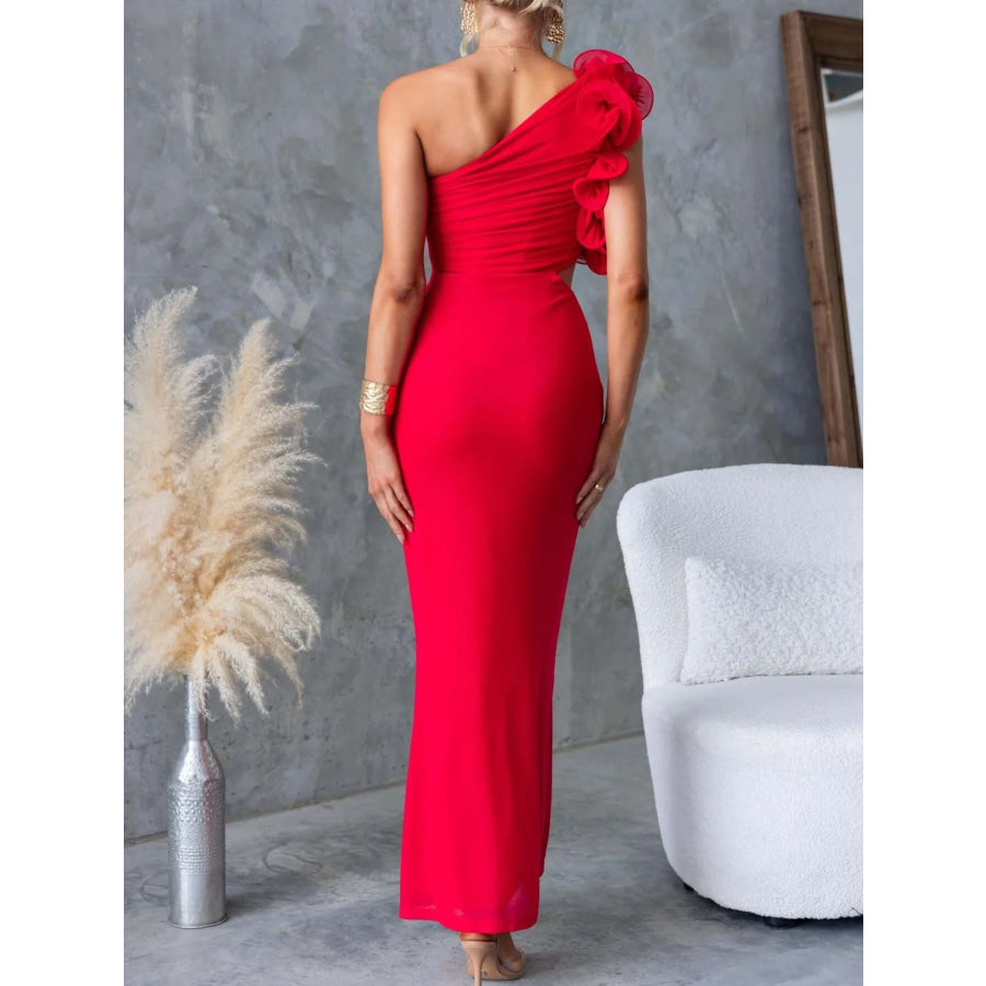 One-Shoulder Floral Trim Sleeveless Maxi Dress Apparel and Accessories