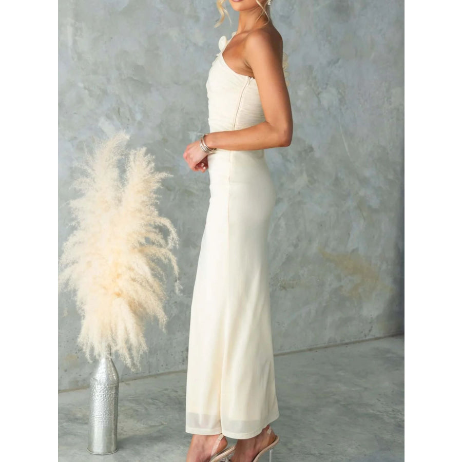 One-Shoulder Floral Trim Sleeveless Maxi Dress Apparel and Accessories