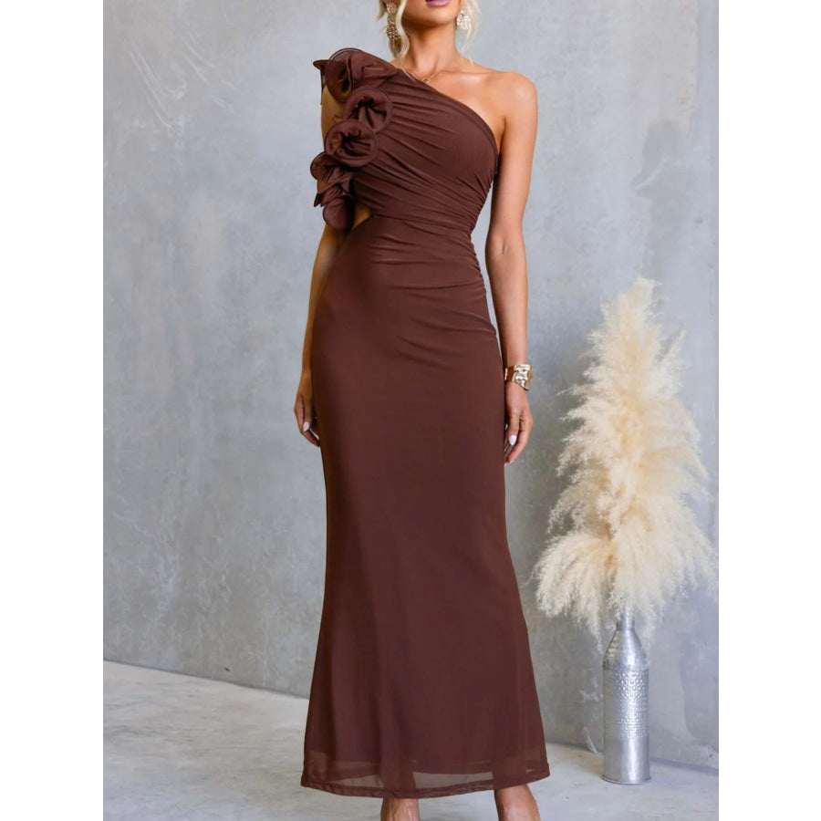 One-Shoulder Floral Trim Sleeveless Maxi Dress Apparel and Accessories