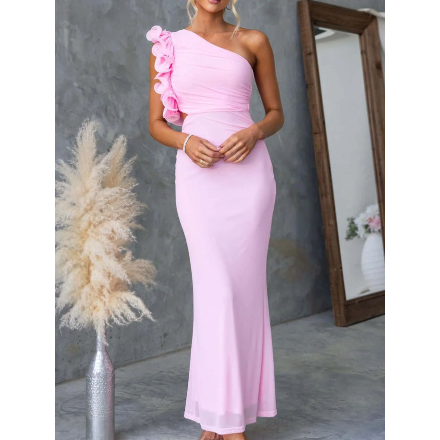 One-Shoulder Floral Trim Sleeveless Maxi Dress Apparel and Accessories