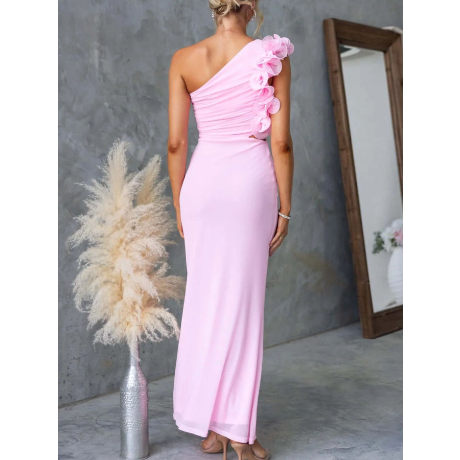 One-Shoulder Floral Trim Sleeveless Maxi Dress Apparel and Accessories