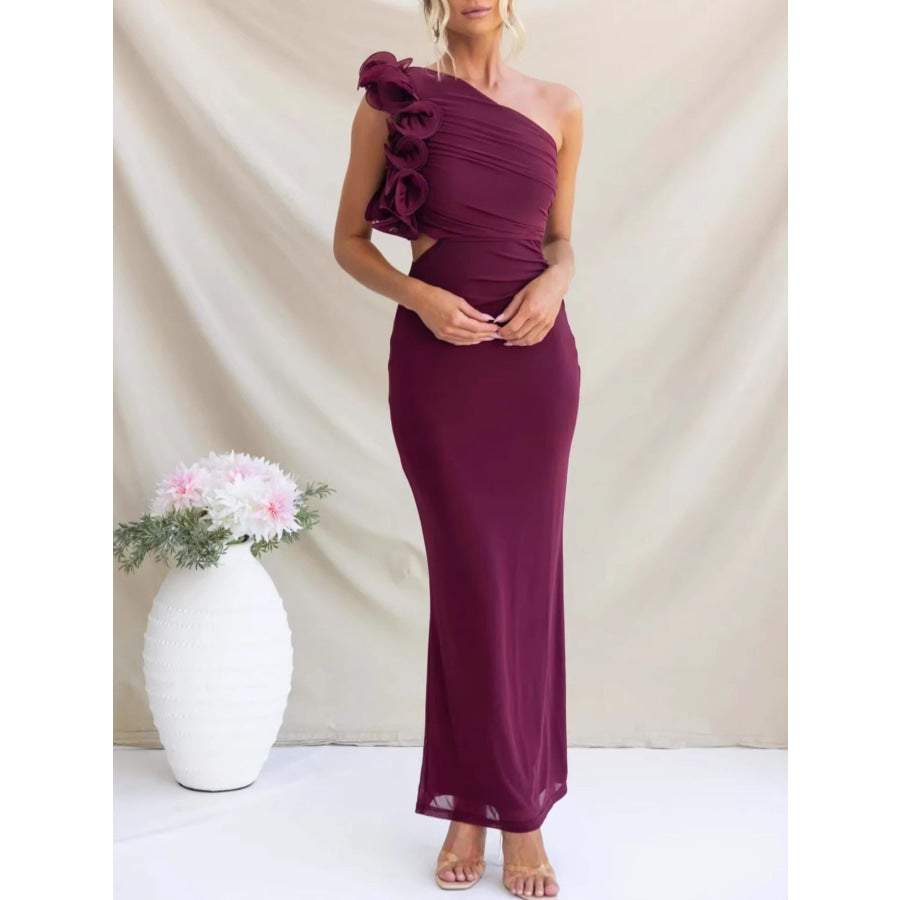 One-Shoulder Floral Trim Sleeveless Maxi Dress Apparel and Accessories