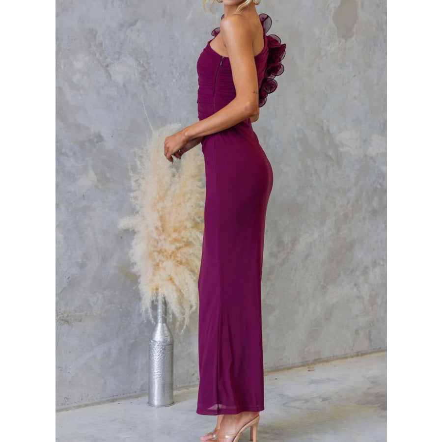 One-Shoulder Floral Trim Sleeveless Maxi Dress Apparel and Accessories
