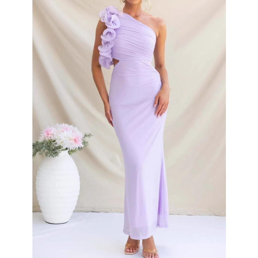 One-Shoulder Floral Trim Sleeveless Maxi Dress Apparel and Accessories