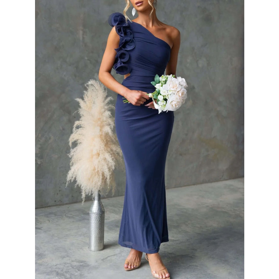 One-Shoulder Floral Trim Sleeveless Maxi Dress Apparel and Accessories