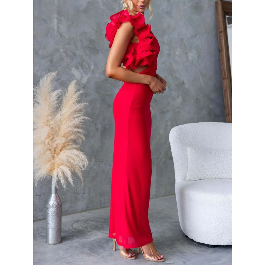 One-Shoulder Floral Trim Sleeveless Maxi Dress Apparel and Accessories