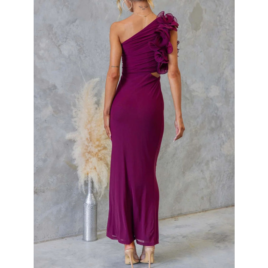 One-Shoulder Floral Trim Sleeveless Maxi Dress Apparel and Accessories