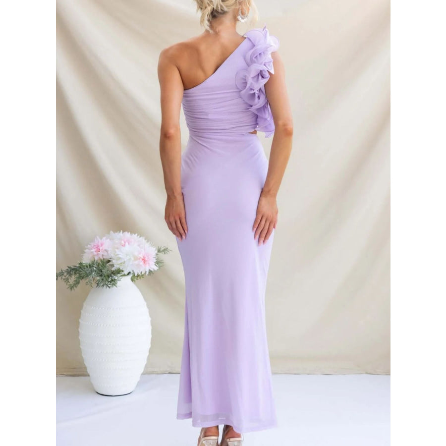 One-Shoulder Floral Trim Sleeveless Maxi Dress Apparel and Accessories