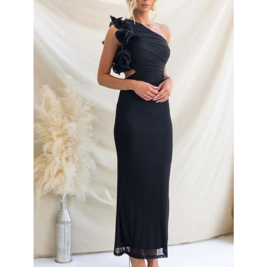 One-Shoulder Floral Trim Sleeveless Maxi Dress Apparel and Accessories