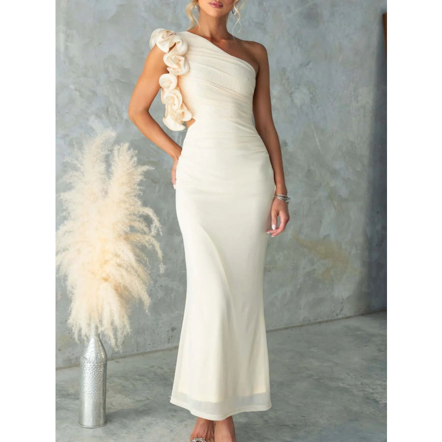 One-Shoulder Floral Trim Sleeveless Maxi Dress Yellow / S Apparel and Accessories