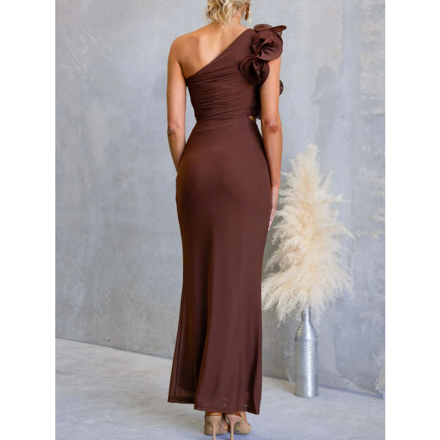 One-Shoulder Floral Trim Sleeveless Maxi Dress Apparel and Accessories