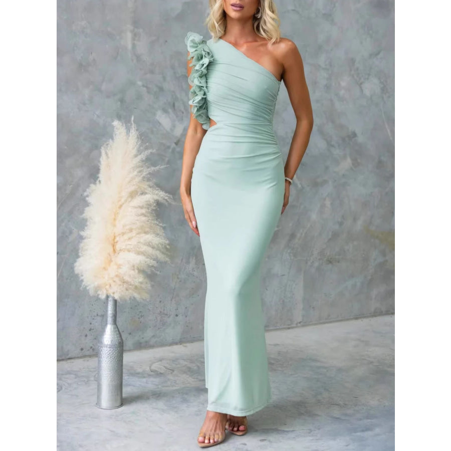 One-Shoulder Floral Trim Sleeveless Maxi Dress Apparel and Accessories
