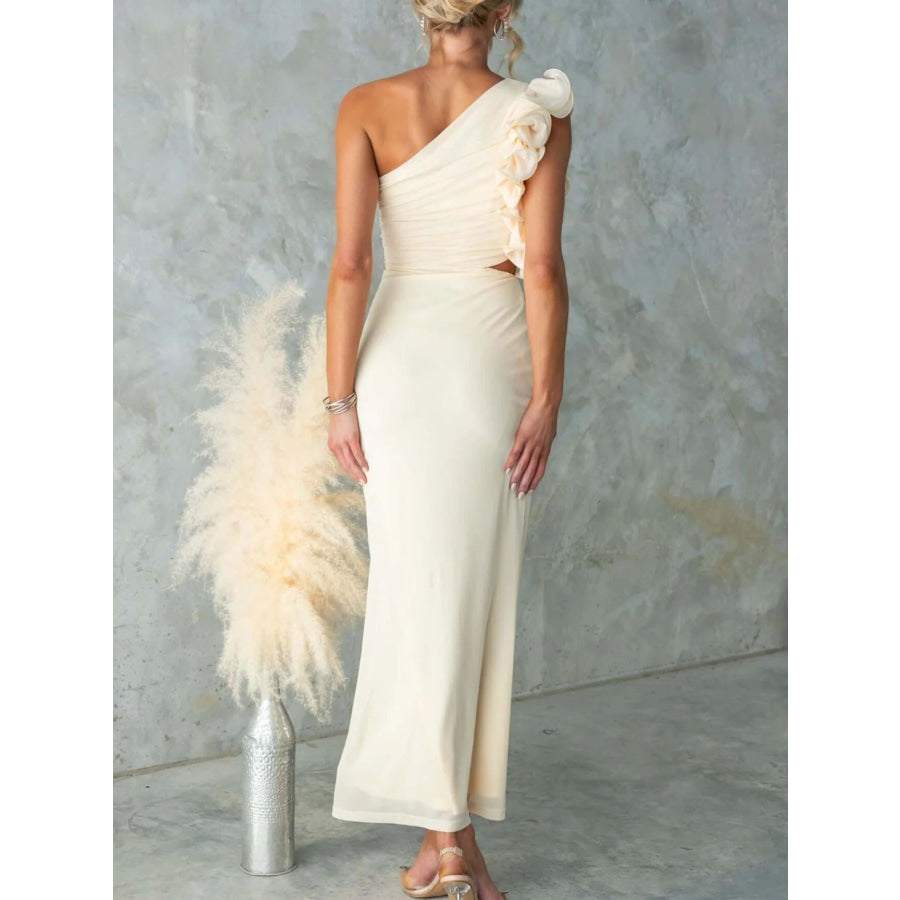 One-Shoulder Floral Trim Sleeveless Maxi Dress Apparel and Accessories