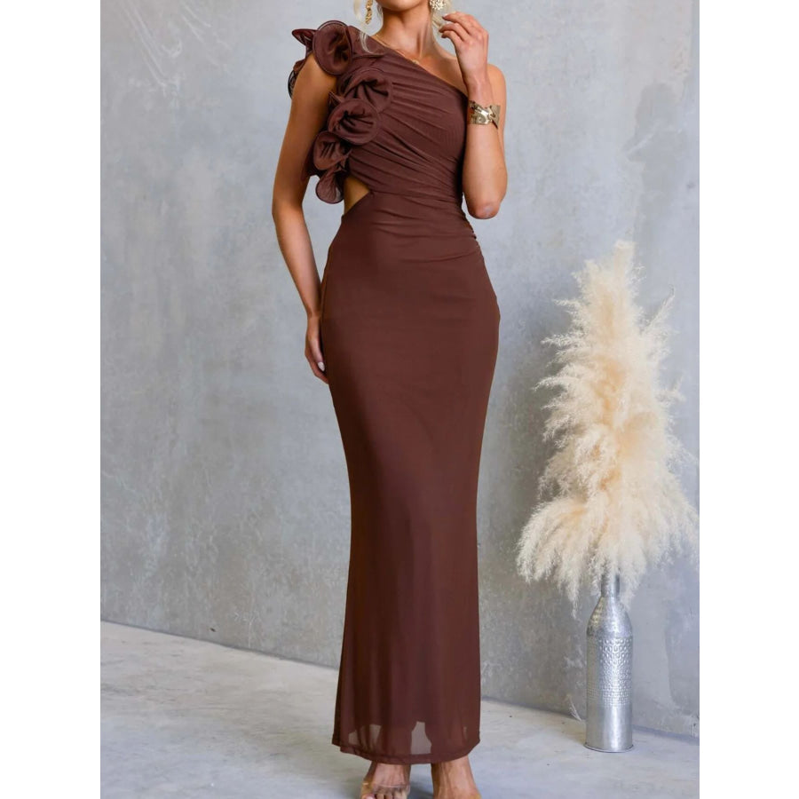 One-Shoulder Floral Trim Sleeveless Maxi Dress Apparel and Accessories