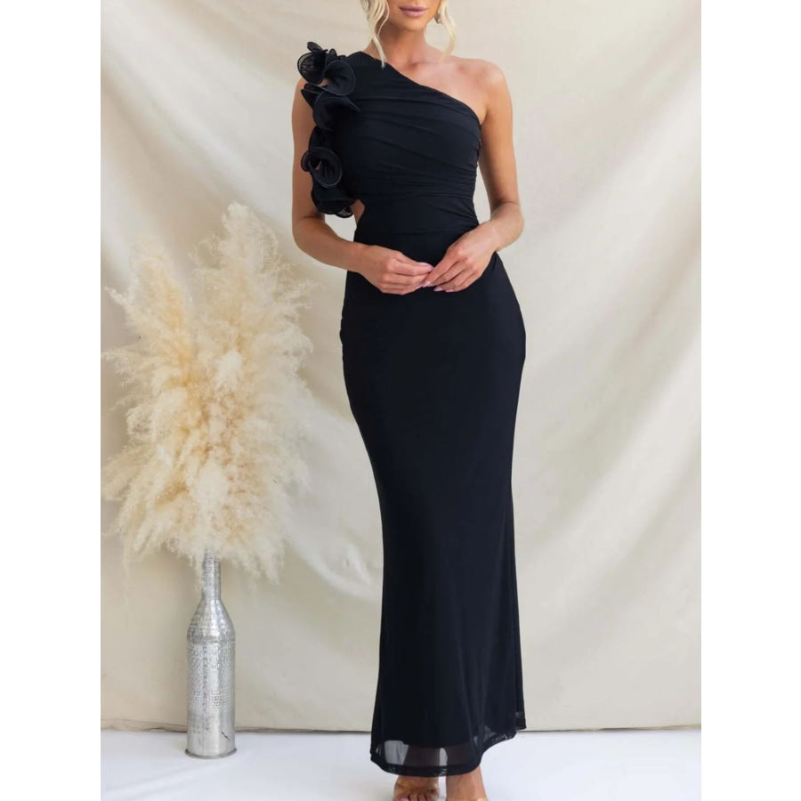 One-Shoulder Floral Trim Sleeveless Maxi Dress Black / S Apparel and Accessories
