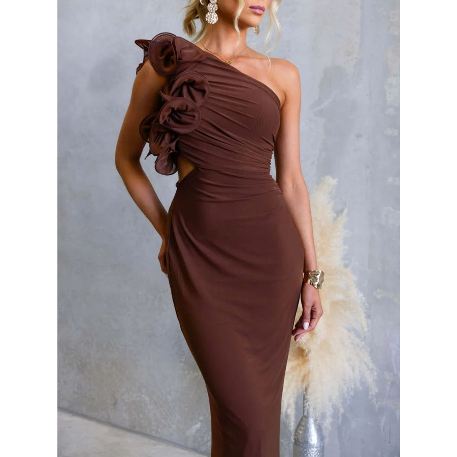 One-Shoulder Floral Trim Sleeveless Maxi Dress Brown / S Apparel and Accessories