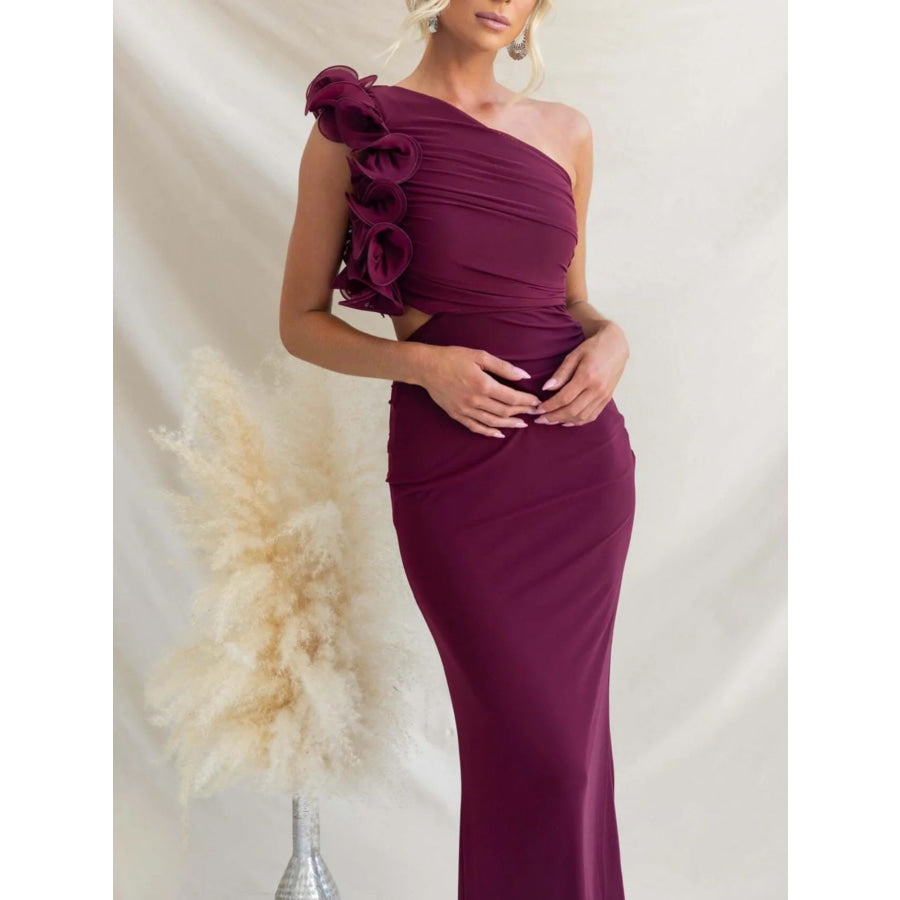 One-Shoulder Floral Trim Sleeveless Maxi Dress Burgundy / S Apparel and Accessories