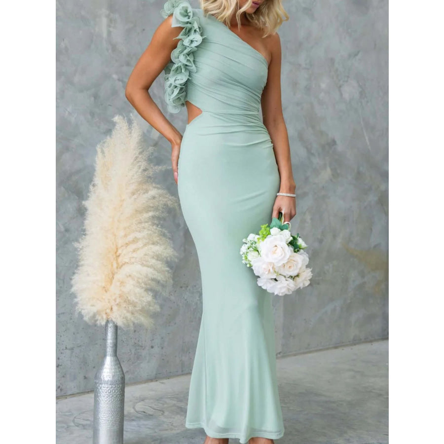 One-Shoulder Floral Trim Sleeveless Maxi Dress Green / S Apparel and Accessories
