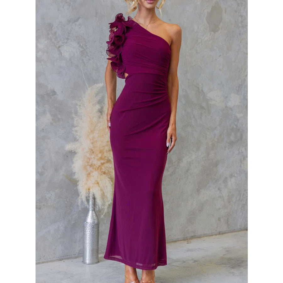 One-Shoulder Floral Trim Sleeveless Maxi Dress Lavender / S Apparel and Accessories