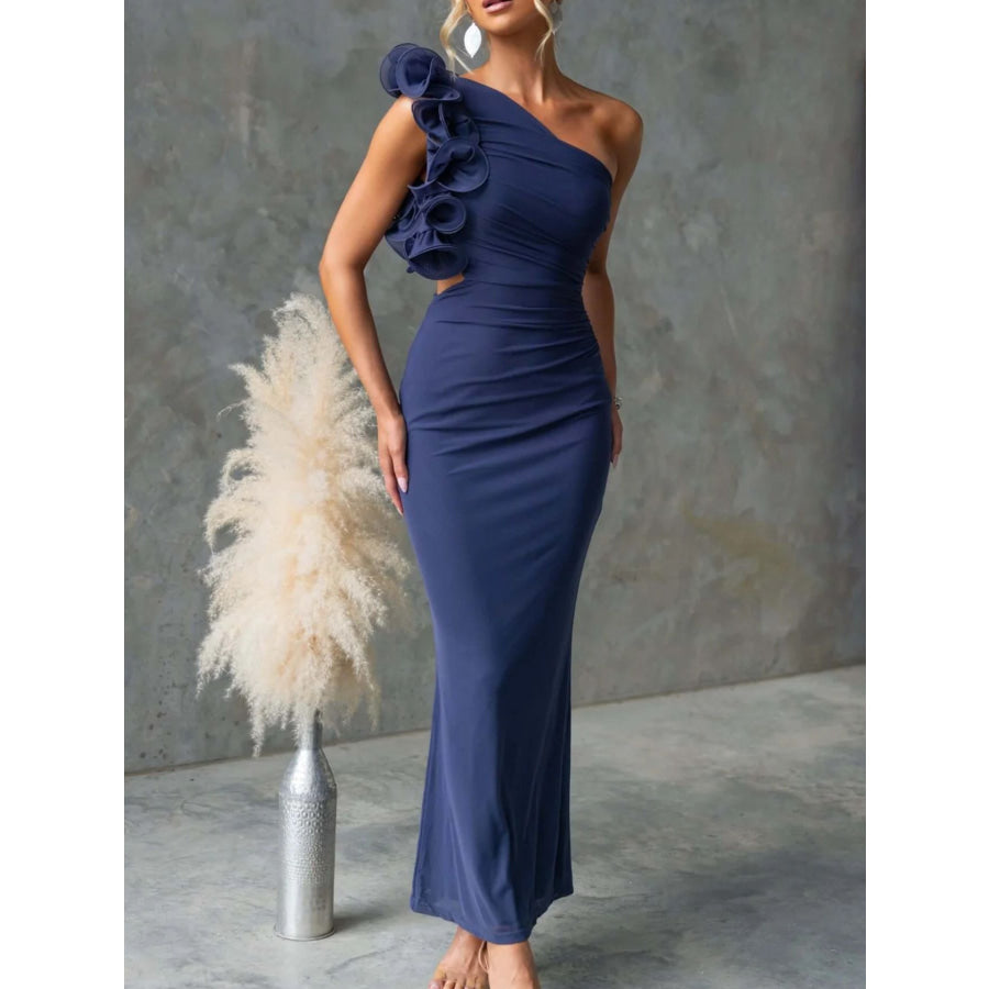 One-Shoulder Floral Trim Sleeveless Maxi Dress Navy / S Apparel and Accessories