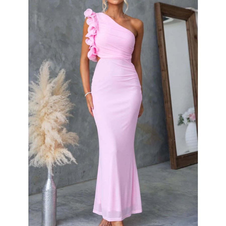 One-Shoulder Floral Trim Sleeveless Maxi Dress Pink / S Apparel and Accessories