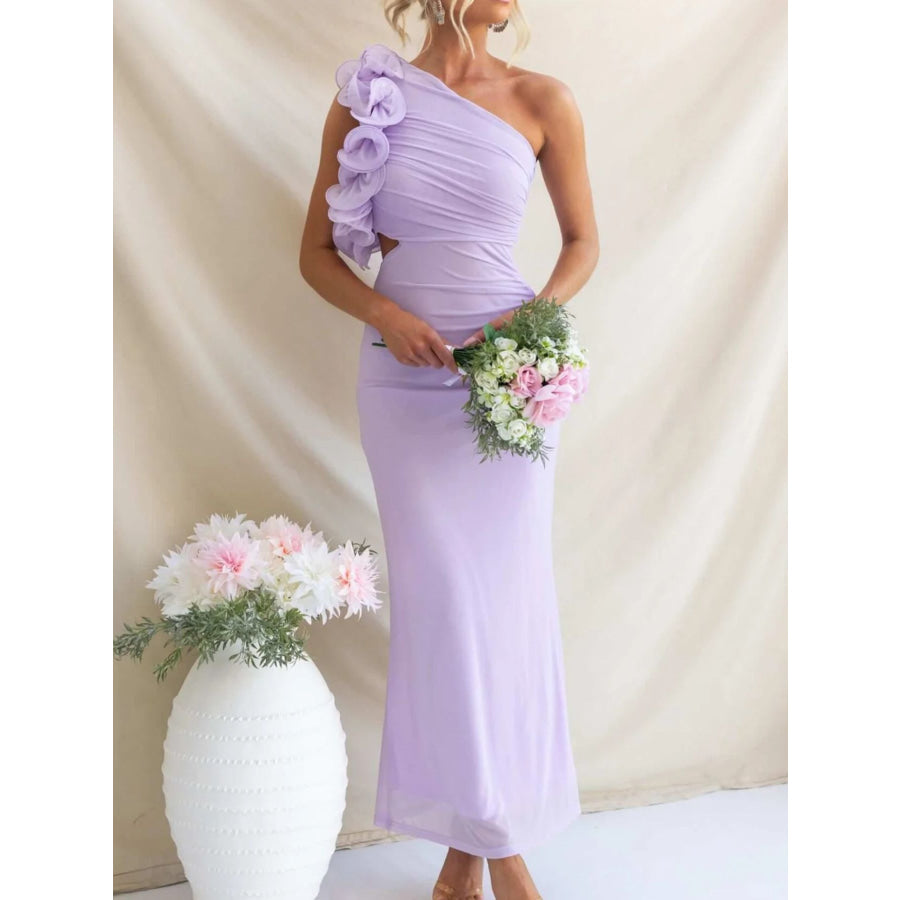 One-Shoulder Floral Trim Sleeveless Maxi Dress Purple / S Apparel and Accessories