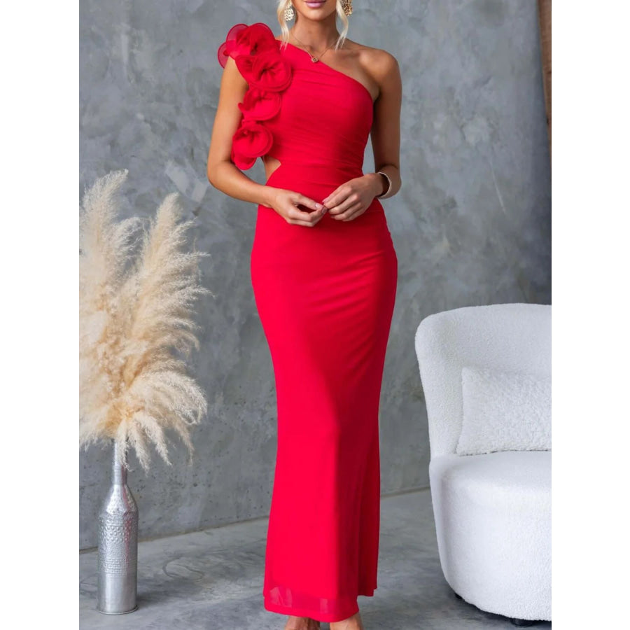 One-Shoulder Floral Trim Sleeveless Maxi Dress Red / S Apparel and Accessories