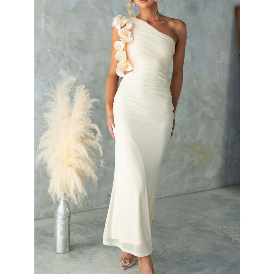 One-Shoulder Floral Trim Sleeveless Maxi Dress Yellow / S Apparel and Accessories