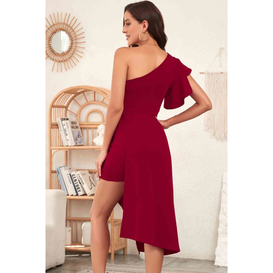 One-Shoulder Flutter Sleeve Asymmetrical Dress