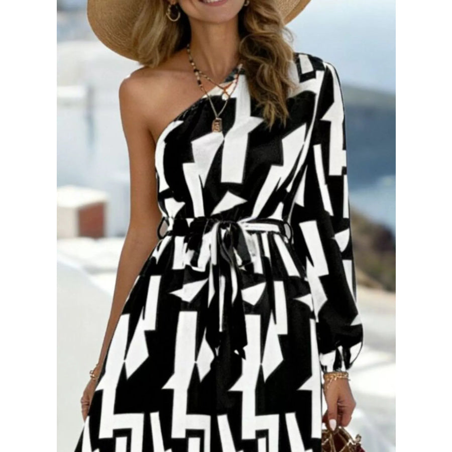One-Shoulder Geometric Print Maxi Dress with Waist Tie Apparel and Accessories