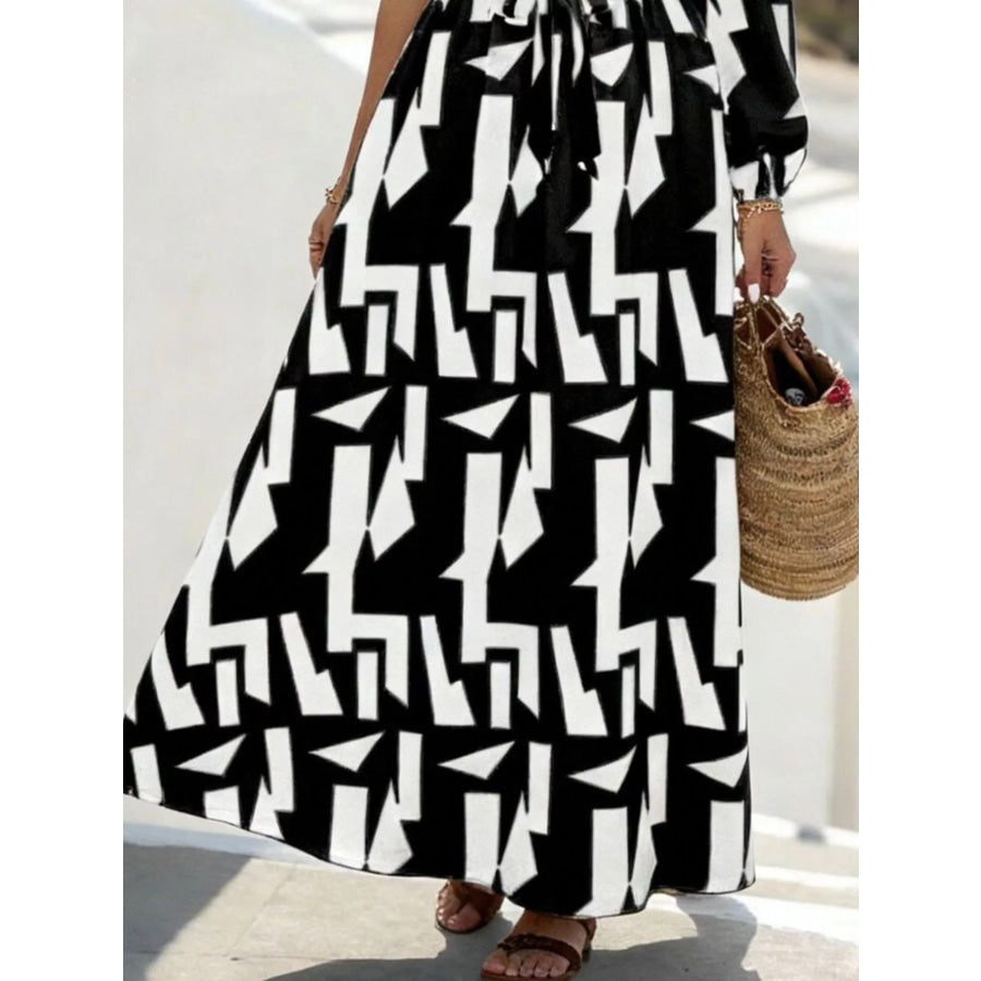One-Shoulder Geometric Print Maxi Dress with Waist Tie Apparel and Accessories