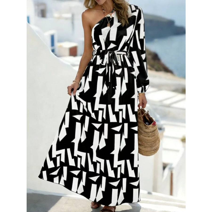 One-Shoulder Geometric Print Maxi Dress with Waist Tie Black / S Apparel and Accessories