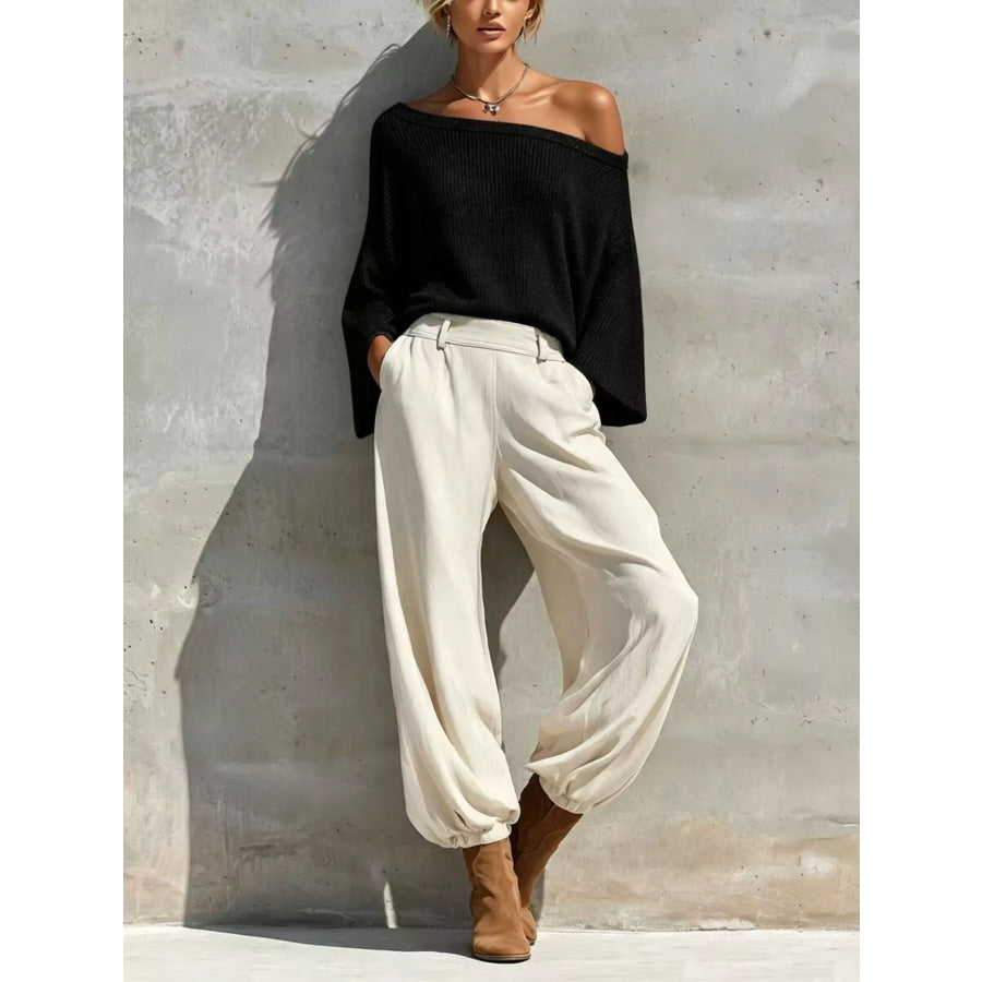 One-Shoulder Knit Top and High-Waisted Pants Set Black / S Apparel Accessories