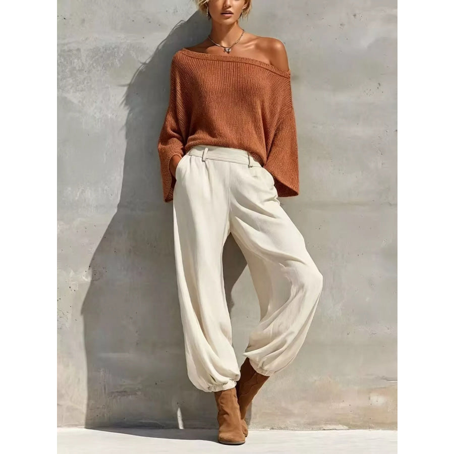 One-Shoulder Knit Top and High-Waisted Pants Set Caramel / S Apparel Accessories