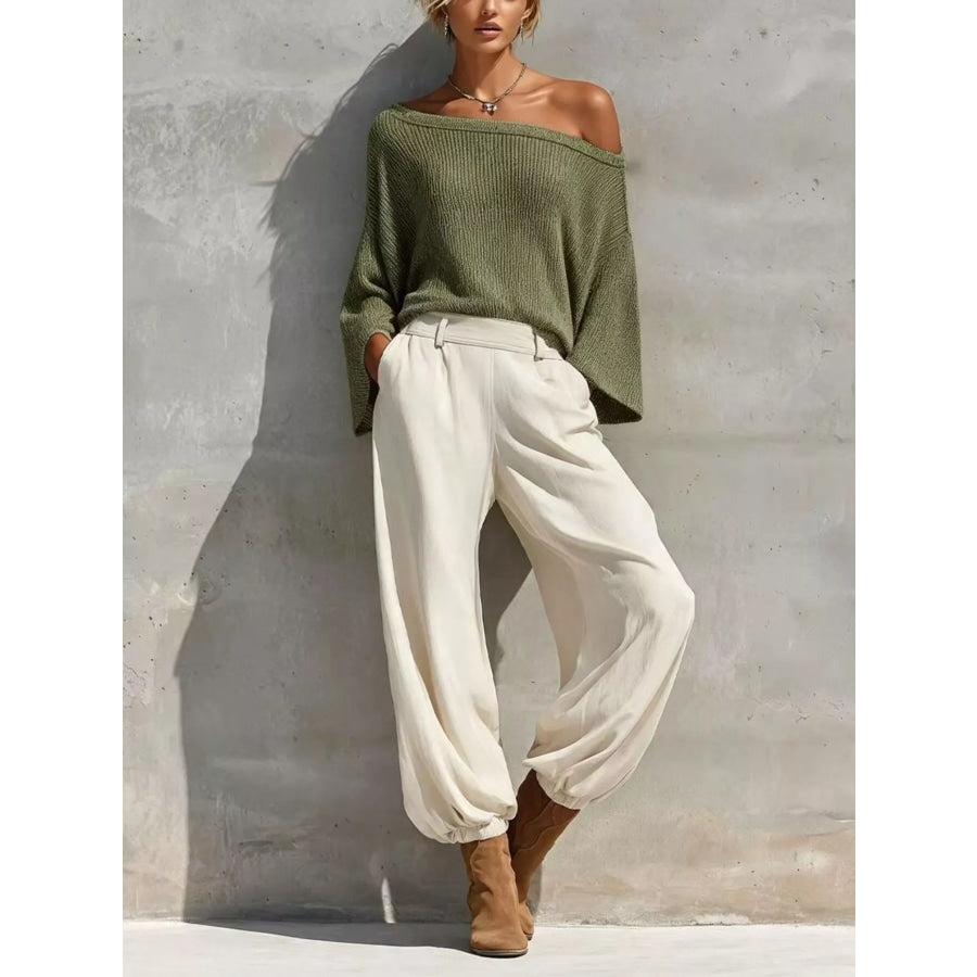 One-Shoulder Knit Top and High-Waisted Pants Set Moss / S Apparel Accessories