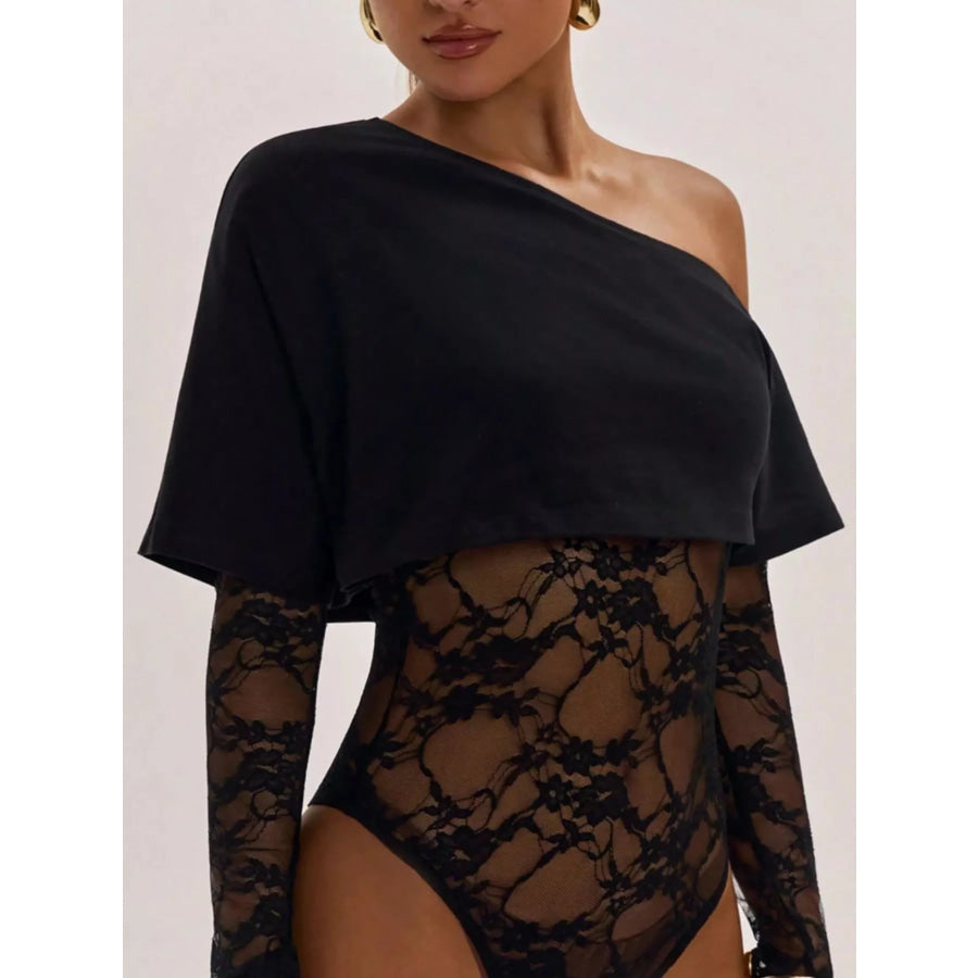 One-Shoulder Lace Bodysuit Black / S Apparel and Accessories