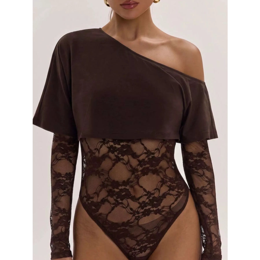 One-Shoulder Lace Bodysuit Brown / S Apparel and Accessories