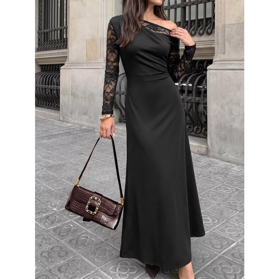 One-Shoulder Lace Sleeve Maxi Dress Apparel and Accessories