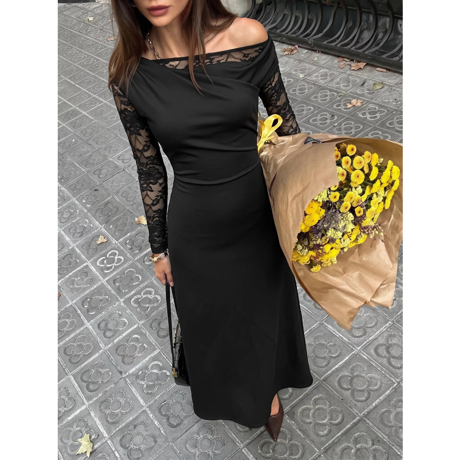 One-Shoulder Lace Sleeve Maxi Dress Apparel and Accessories