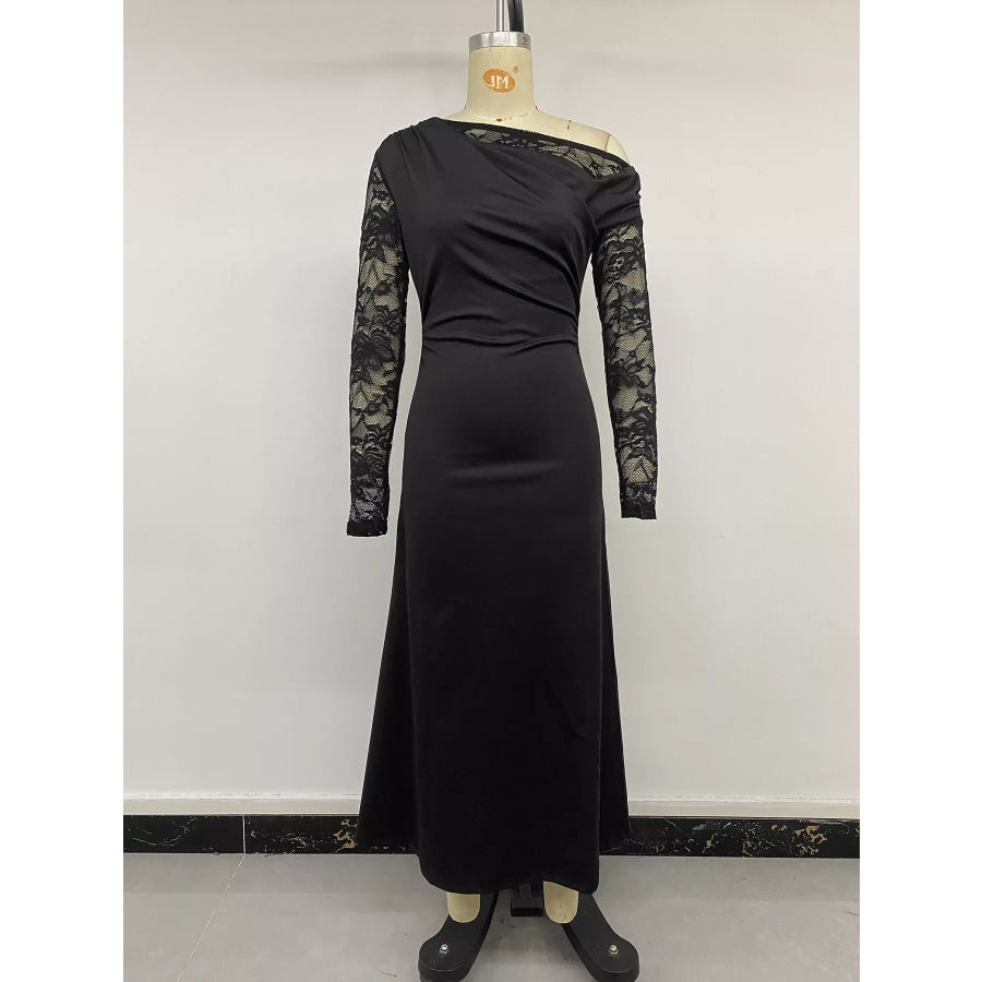 One-Shoulder Lace Sleeve Maxi Dress Apparel and Accessories
