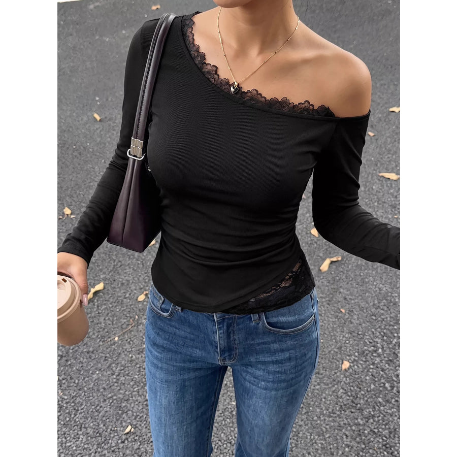 One-Shoulder Lace Trim Slim Fit T-Shirt Apparel and Accessories
