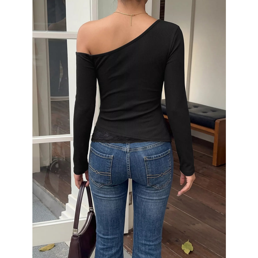 One-Shoulder Lace Trim Slim Fit T-Shirt Apparel and Accessories