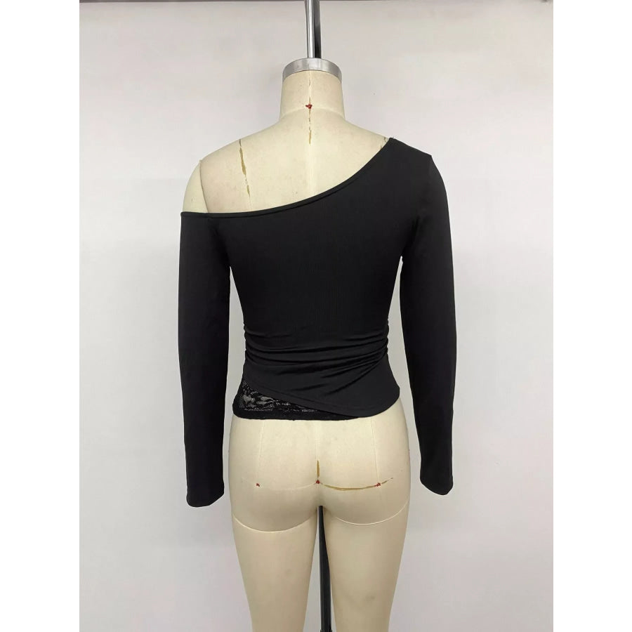 One-Shoulder Lace Trim Slim Fit T-Shirt Apparel and Accessories
