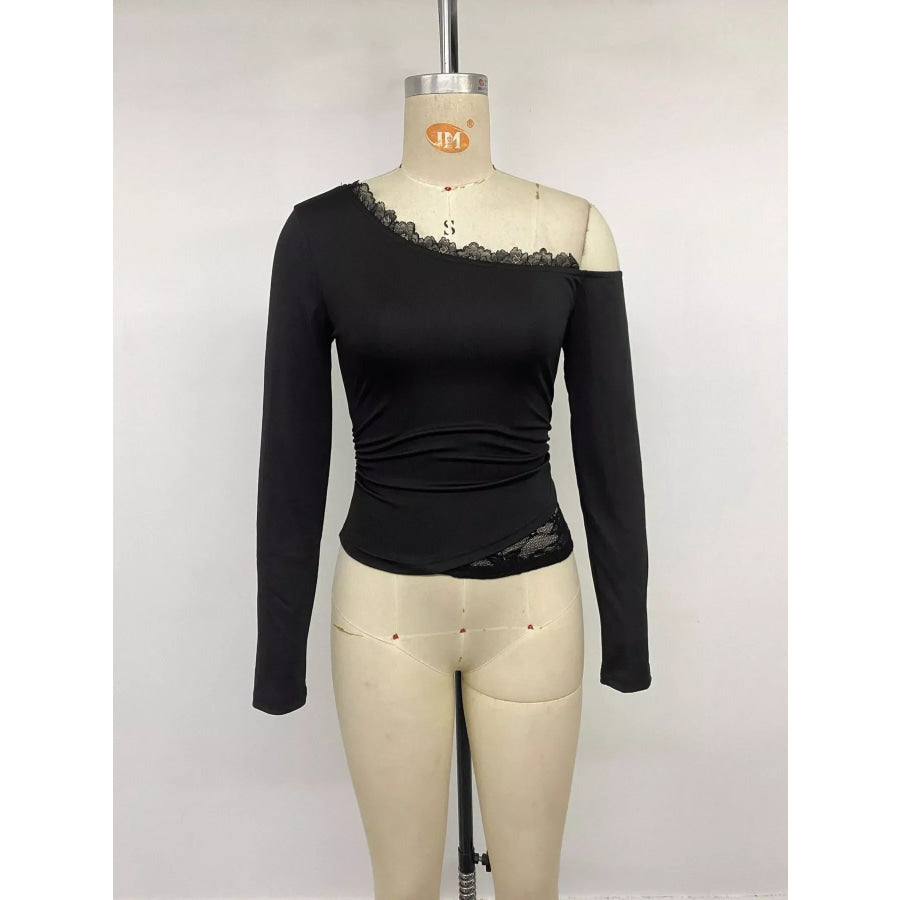 One-Shoulder Lace Trim Slim Fit T-Shirt Apparel and Accessories